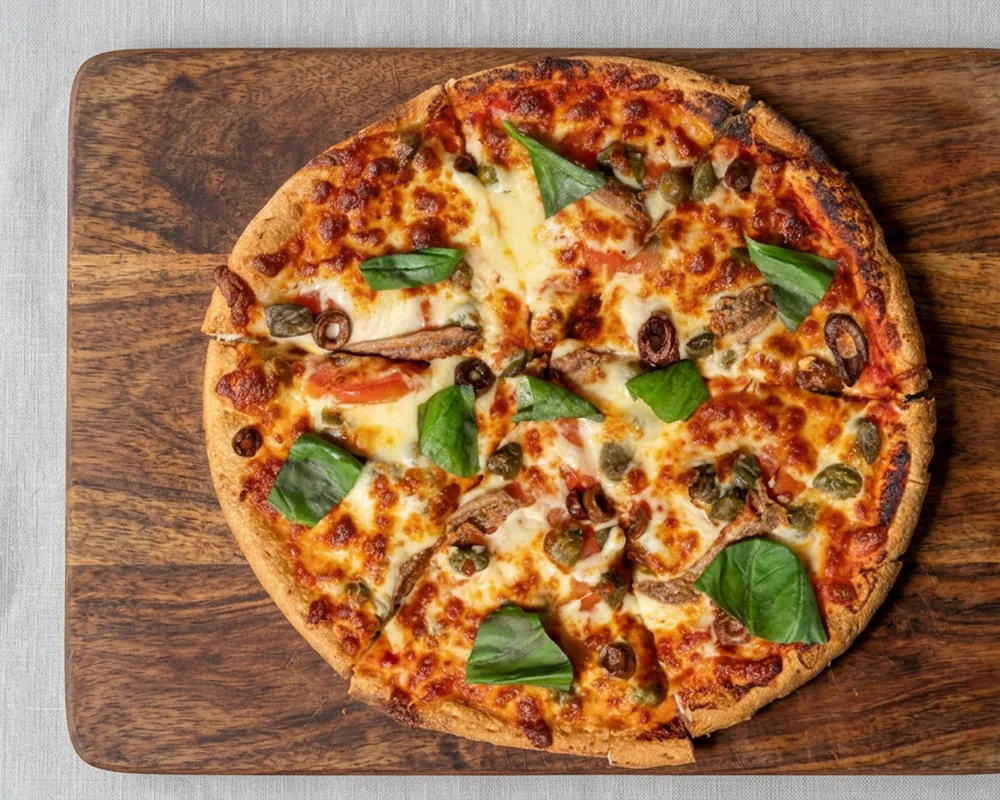Napoli pizza with fresh basil, olives and bocconcini